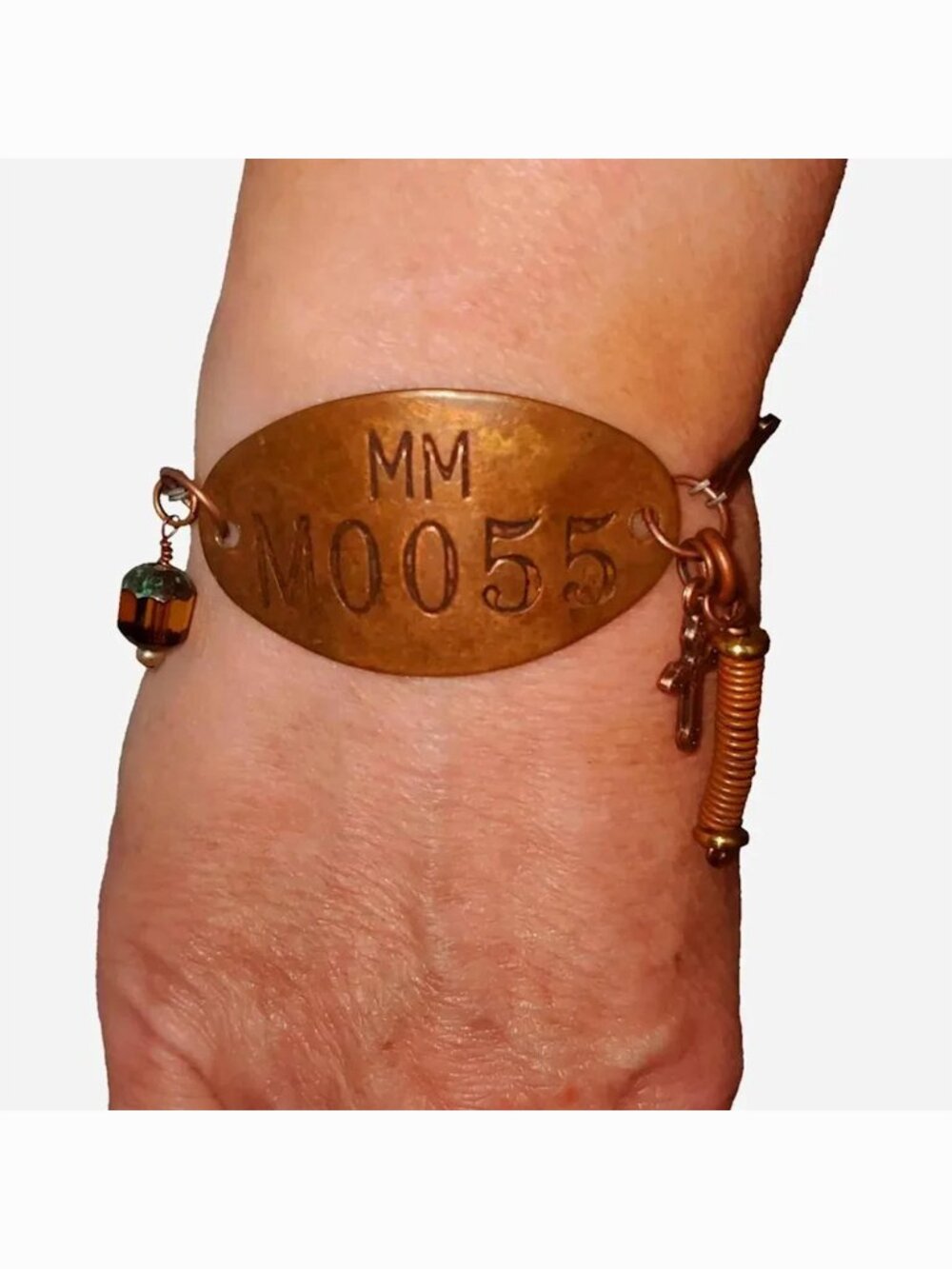 Vintage Aged Brass Number Tag Charm Bracelet Copper Cross Chain Link Industrial